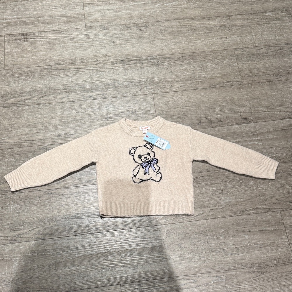 Cat & Jack Cream Knit Sweater with Teddy and Navy Bow